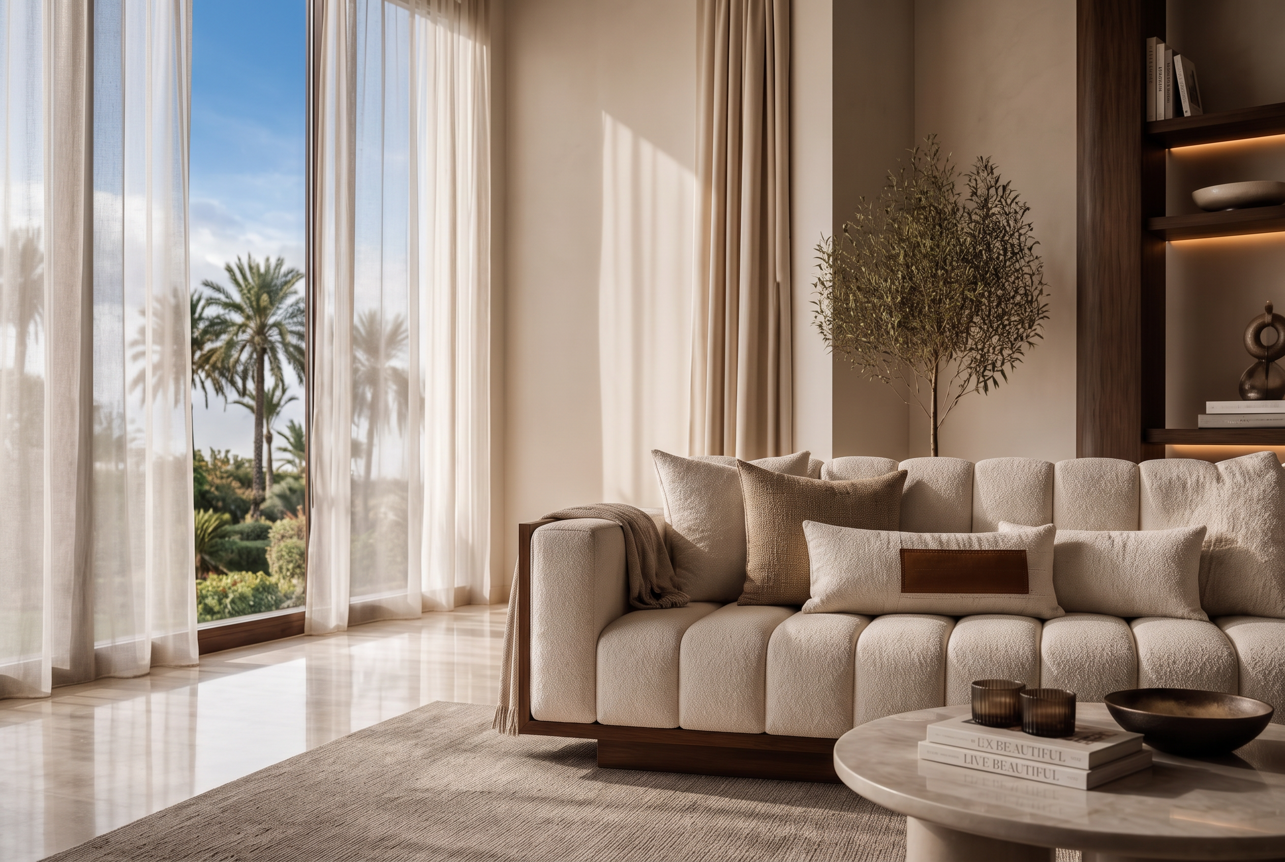 Sunlit Dubai villa living room with a bespoke boucle sofa reupholstered by Elite Dubai Upholstery
